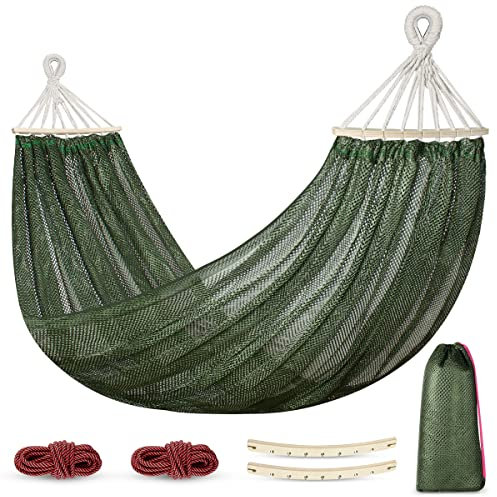 Hängematte Outdoor, Super weiche und atmungsaktive Netzhängematte aus Kühles-Nylon mit Holzstangen für Indoor, Balkon, Terrasse, Garten, Camping, Rucksackreisen
