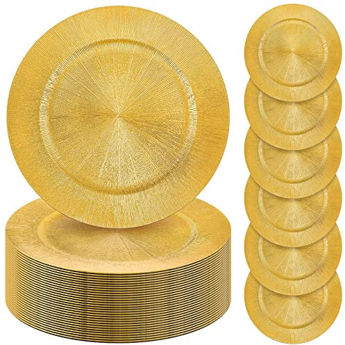 Tanlade 100 Pcs Charger Plates Bulk, 13 Inch Plastic Round Charger Dinner Plates Elegant Wedding Serving Plate for Event Tabletop Wedding Party Bridal Baby Shower Decor (Glitter Gold)