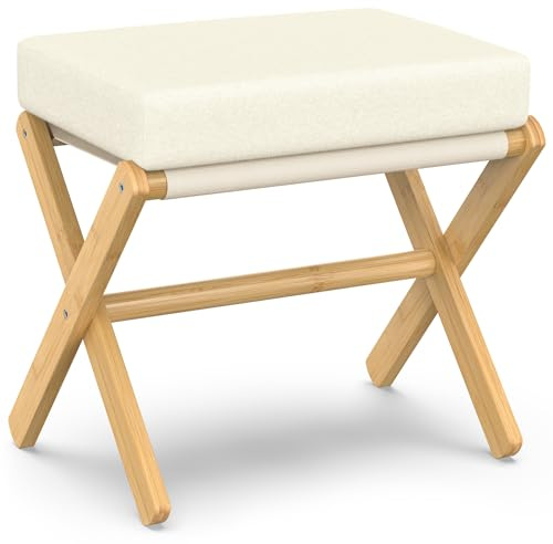 BAMBOOHOMIE Foldable Foot Stool Ottoman, Modern Foot Rest with Bamboo X Legs & Thick Foam Cushion, Folding Foot Stools Small Padded for Bedroom Living Room, Footstool for Chair Couch (Natural - Beige)