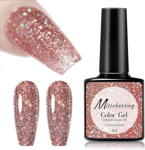 Glitter Gel Nail Polish Nail Varnish, Sparkly Shimmer Pink Red Holographic French Manicure Soak off UV/LED Lamp Nails Long Lasting Nail Art Manicure Salon for Women Girls DIY at Home