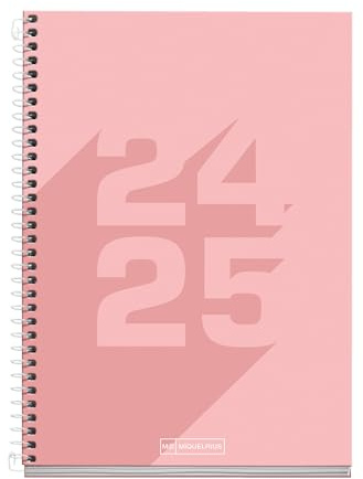 Miquelrius - Skolkalender 2024–2025, september 24–25 juni 25, 150 x 213 mm, dagskalenda, fodrad kartongomslag, agenda 24 25, metallspiral, spanska och engelska, basic rosa