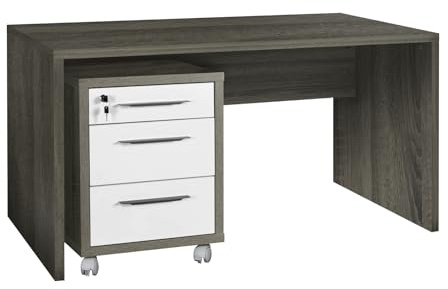 Composad | Bureau et Commode avec 3 tiroirs et Serrure de la Ligne Dessin, Lot de 2 Meubles de Bureau, (LxHxP): 138,20 x 74,50 x 69 cm, Couleur chêne Sonoma et Blanc laqué, fabriqué en Italie