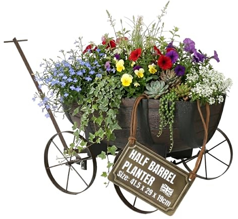 My Garden Wagon Wheel Planter - 41.5 x 29 x 19cm Decorative Wheelbarrow Flower Cart with Handle & Wheels - Outdoor Garden Planter for Patio, Deck & Balcony - Weather & UV-Resistant Flower Planter