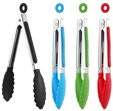 Kitchen Tongs,4 PCS Food Tong with Nylon Tips Black Stainless Steel Cooking Tongs BBQ Tongs for Meat Salad and Serving Tongs