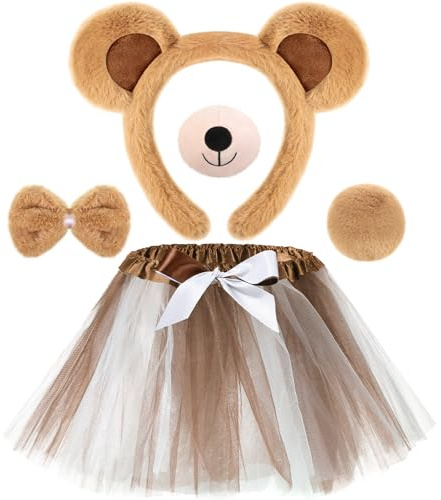 Hestya 5 Stück Bärchen Kostüm Bärenohren Stirnband Fliege Nase Schwanz Tutu Rock Tierkostüm Cosplay Zubehör für Halloween Karneval Welttag des Buches(Hellbraun)