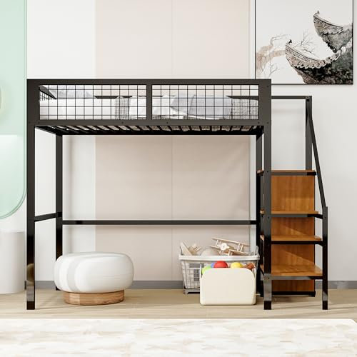 Etagenbett 90x200, Metallbett Hochbett mit Kleiderschrank und Treppe, Multifunktionsbett Einzelbett Stockbett Spielbett Jugendbett, Kinderbett mit Rausfallschutz & Lattenrost, Ohne Matratze, Schwarz