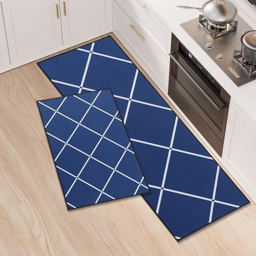 LY4U Kitchen Rug Set of 2, Washable Kitchen Floor Mats, Non-slip Runner, Absorbent Floor Mat for Entryway and Home Decoration Office, 43x75+43x120cm, Blue