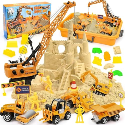 Tacobear Play Sand Sensory Toys for Kids Boys Toys Gifts 3 4 5 6 7 Years, Construction Site Sandbox Kit with 1000g Magic Sand, Crane, 5 Mini Vehicles, Sand Molds, Sensory Sand Toy Gift for Kids