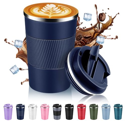 Volhoply 380ml 13oz Stainless Steel Insulated Travel Coffee Mug with Fip Lid,Reusable Double Wall Vacuum Metal Coffee Cup,Portable to Go Leak Proof Cafe Tumbler for Hot & Cold Drinks(Navy,1)