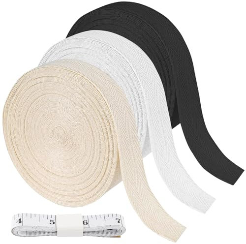 3 Rollen Schrägband Baumwolle, 20mm x 10m/Rolle Baumwollband, Nahtband mit Fischgrätenstich, Einfassband zum Nähen für DIY Handwerk Nähen Stricken (Beige/Weiß/Schwarz)