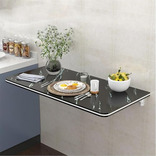 SanBouSi 60 x 40cm Wandklapptisch Klappbarer Wandtisch Marmormuster Schwimmend Esstisch Laptoptisch Platzsparend mit Halterungen, Kleiner Wandtisch für Küche, Balkon Outdoor (Schwarz)