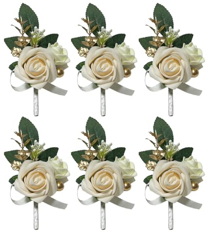 BECIEM 6PCS White Boutonniere for Men, Ivory Boutonniere Pins for Men Groomsmen Guest Boutonniere, Artificial Flowers for Wedding Decor Prom Homecoming