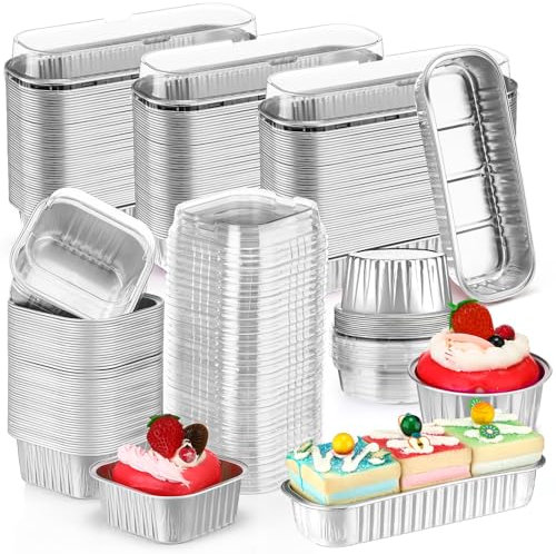 Rtteri 150 mini moldes para tartas con tapas, moldes desechables de 6.8 onzas, 5 onzas, moldes de papel de aluminio para hornear, moldes rectangulares cuadrados redondos para cupcakes para flan,