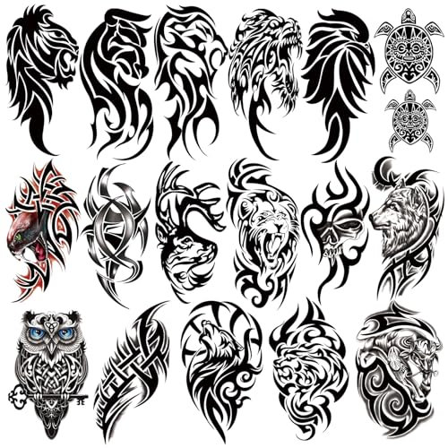 77 Fogli Tatuaggi Temporanei, 17 Fogli Tatuaggi Finti per il Corpo a Mezzo Braccio Tribali Leone Gufo Lupo Tartaruga per Adulti Uomini Donne, 60 Fogli Piccoli Tatuaggi per Ragazzi Ragazze Feste