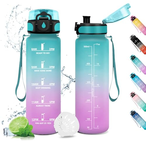 Trinkflasche 500ml Kohlensäure Geeignet, Sport Trinkflasche mit Zeitmarkierungen, Sportflasche Auslaufsicher, Wasserflasche für Kinder, Schule, Gym, Büro, Fahrrad, Ciclismo, Outdoor, Camping