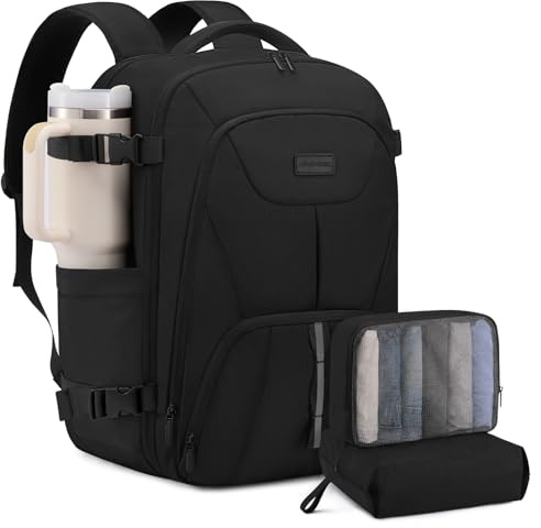 LOVEVOOK Handbagage ryggsäck, stor utbyggbar reseryggsäck flygplan män kvinnor, resa ryggsäck för 17,3 tum bärbar dator, flyg godkänt ombordbagage, vattentät för resor helger, 1-Svart, 21 Zoll