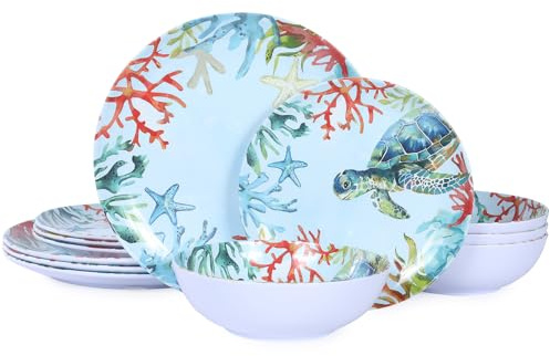 Gofunfun 12-Piece Melamine Turtle Dinnerware Set, Ocean Plates and Bowls Sets, Indoor Outdoor Dish Sets for 4, Unbreakable Lightweight Tableware Set - Turtle