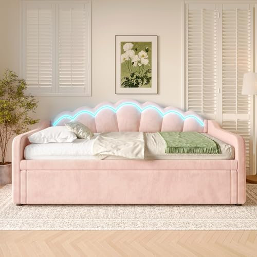 FAYICIC Tagesbett mit ausziehbarem Bett, Schlafsofa, Einzelbett (Ohne Matratze), Doppelbett, Samt, Farbwechselbarer LED-Streifen, 90x200cm(180x200cm) (Rosa)
