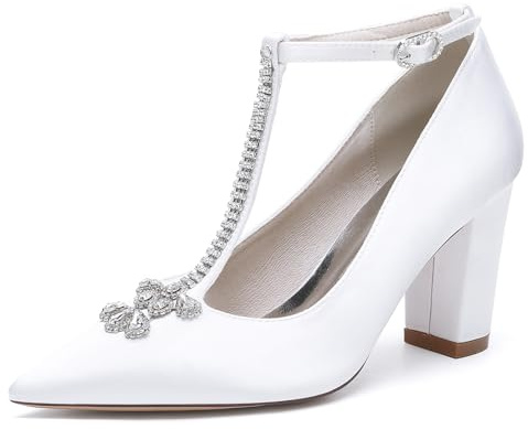 Gycdwjh Zapatos de Novia de Satén Pedrería Puntiagudos Correa en T Correa Tobillo Talón Grueso Sandalias para Mujer,Blanca,39 EU