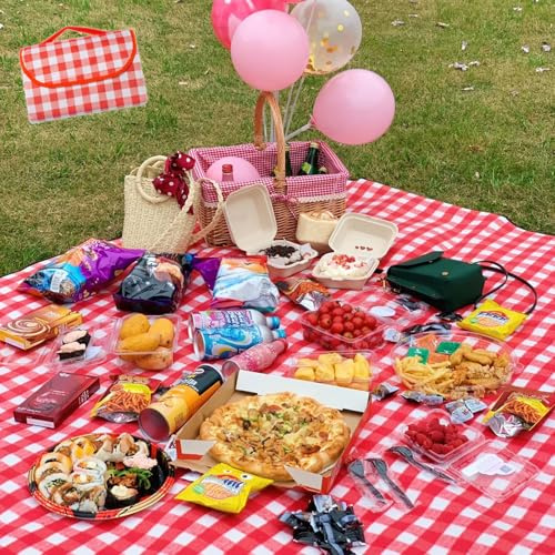 LYNTYAOU Picnic Blanket Waterproof Picnic Mat, Outdoor Extra Large Mats with Handle, Washable Foldable Red Tartan Blankets for Grass, Beach, Park, Camping, Garden, Concert 200 X 200 CM