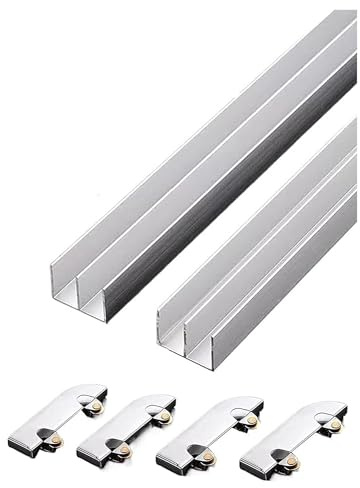 Aluminum Alloy Sliding Door Track System, Double Track Display Cabinet Slide with 5mm Thickened Glass, Includes Track Wheel Accessories