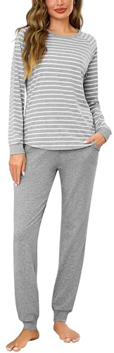 Litherday Pijama Mujer Invierno Algodón Conjunto de Pijama Mujer de Manga Larga Pijama Rayas con puños y Pantalón con Bolsillo