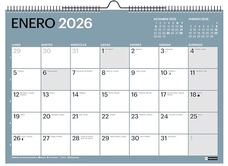 Miquelrius - Väggkalender 2026 Chromat, Årlig A4 arrangör: 296 x 210 mm, anteckningsutrymme, dubbel spiralbindning, 9 interiörfärger, 12 månaders planerare, spansk