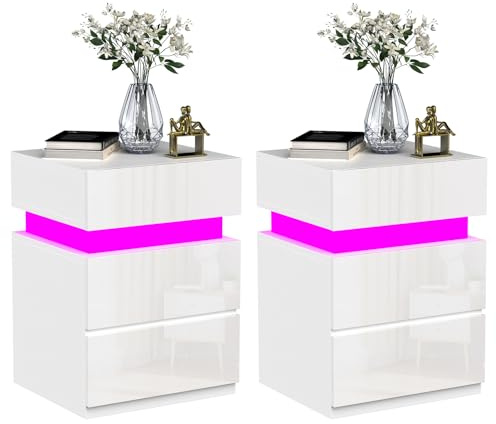 Lvhcmfohm 2er Set Nachttisch LED, Nachtschrank mit LED-Beleuchtung 25 Lichtfarben, Nachtkästchen Weiß, Sofatisch 3 Schubladen Hochglanz, Kabelführung, 35x40x55cm, Weiß
