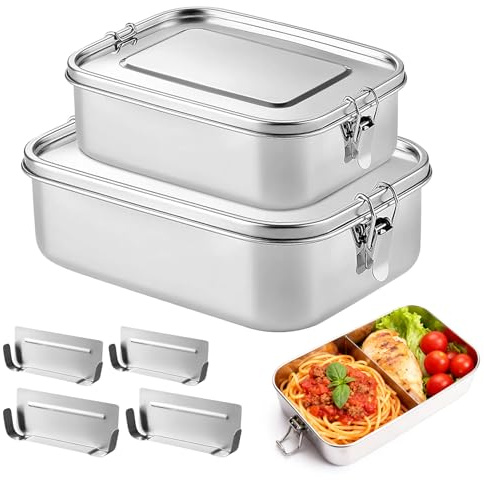 2 Stück 304 Edelstahl Brotdose, Auslaufsicherer Lunchbox Mit 2 Fächern, 850ml+1400ml Edelstahl Bento Box, BPA-frei Brotdose Metall Auslaufsicher für Camping Picknick Reisen Schule und Arbeit(Silber)