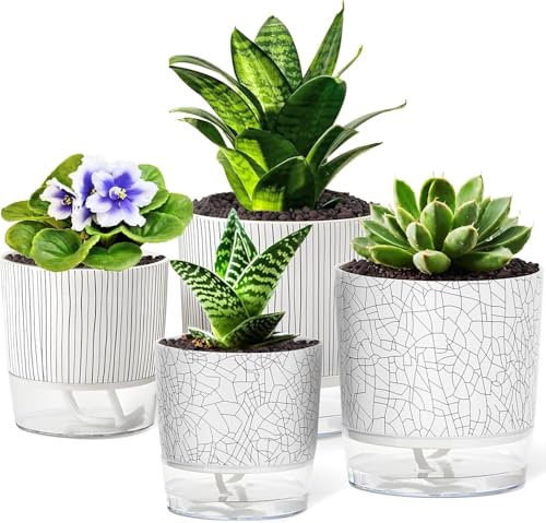 KAHEIGN 4Pcs Selbstbewässernde Blumentöpfe Kräutertopf Set, 11cm + 14cm Blumentopf Pflanzentopf mit Bewässerungssystem für Kräutertöpfe Küche, Blumentöpfe Set für Kräuter, Orchideen und Sukkulenten