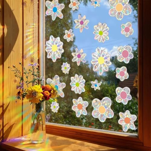 Muorruo 22 Bunte, Selbstklebende Fensteraufkleber mit Blumenmuster aus prismatischem Vinyl, Vogelschutz, Regenbogenreflexion, Sonnenfänger-Aufkleber im Blumenstil für Glasfenster