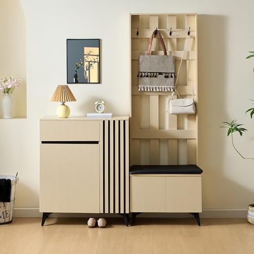 muenfly Set moderno appendiabiti da corridoio con panca e scarpiera, 3 in 1, per corridoio, ingresso e soggiorno, armadio con credenza, effetto legno chiaro