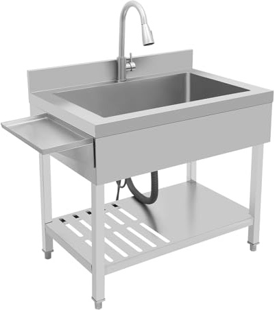 Lavando in acciaio inossidabile a libera installazione, lavello singolo lavello da cucina rettangolare con piedistallo, lavello mobile per cucina, garage, esterno (90x57x94cm)
