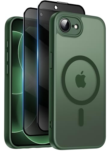 Helssitot Coque pour iPhone 16e / iPhone 17e avec Verre Trempé Anti-Espion | Vert Foncé, Magnétique Compatible avec Mag Safe Militaire Étui Housse Antichoc Bumper Militaire