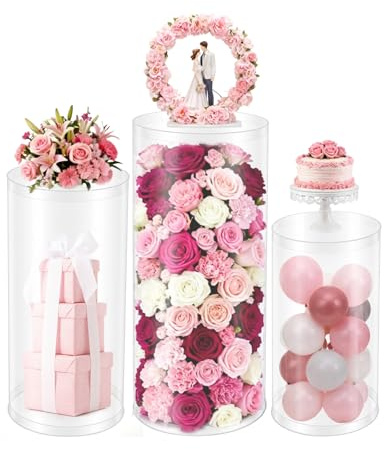 Cylinder Pedestal Stands for Party, 36in/30in/24in Tall Round Acrylic Column Tables Display Plinth Pillars, Clear Wedding Dessert Table Risers for Wedding, Ceremony, Birthday, Party, Art Decor (3Pcs)