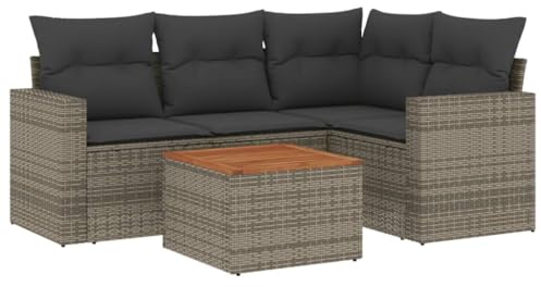 Foknhdi 5-TLG. Gartenmöbel-Set grau 65,5 x 62 x 69 cm Poly Rattan Eckbank Gruppe mit Akazien-Tisch Modernes Design Robust und UV-beständig für Terrasse Balkon und Wintergarten