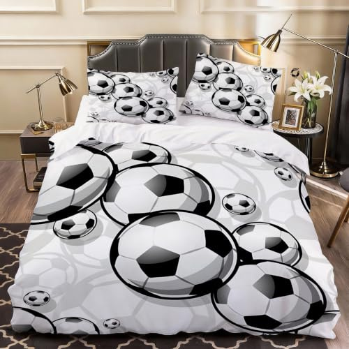 Generico Set Copripiumino Singolo Tema Calcio, 3D Copripiumino Singolo 135x200 Bianco e Nero Biancheria da Letto Microfibra 3 Pezzi con 2 federe da 50 x 80 cm