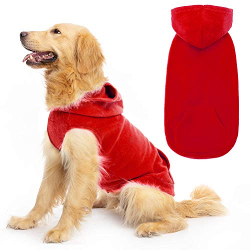 EXPAWLORER Dog Hoodie Fleece Jumper Vest, Hooded Dog Sweater Fall Winter Pet Clothes Sweatshirt with Lead Ring, Sleeveless Warm Cosy Puppy Clothing for Cat Small Medium Large Dogs Girl Boy, Red M