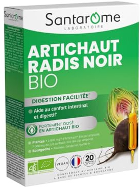 Santarome - Artichaut Radis Noir Bio | Complément Alimentaire Foie et Digestion | Confort Digestif & Protection du Foie - A base de plantes | 20 Ampoules | Végan | Made In France