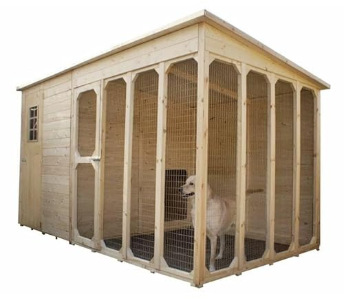 HOMEIDEA ITALIA - Casetta per Cani in Legno, 371x174 cm, con Recinto e Zona Notte, Abete Massello (Abete naturale, 371 x 174)