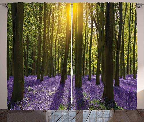 ABAKUHAUS Urwald Rustikaler Gardine, Bluebell Blüten, Schlafzimmer Kräuselband Vorhang mit Schlaufen und Haken, 280 x 245 cm, Violett Grün