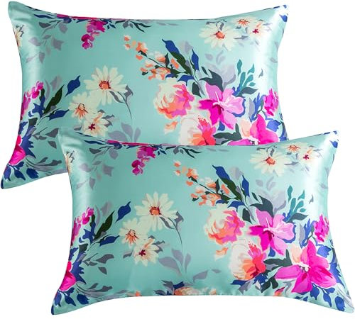 DuShow Satin Pillow Cases 2 Pack - Floral Silky Pillowcase for Hair and Skin Standard Size with Zipper Closure,Green,50x75 cm