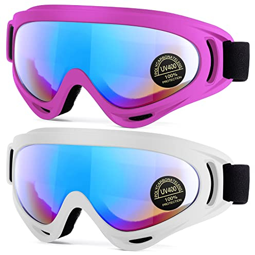 EasYoung Paquete de 2 gafas de esquí, gafas de snowboard compatibles para niños, adolescentes, jóvenes, niños, niñas, hombres y mujeres, gafas de motocicleta, gafas resistentes al viento