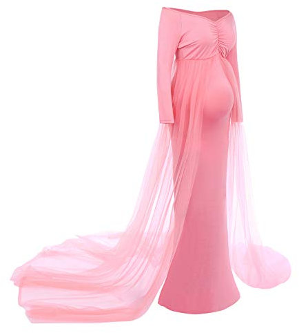 FYMNSI Robe de maternité pour femme enceinte, séance photo, support de maternité, manches longues, tulle, robe de soirée, mode de maternité, Rose, XXL