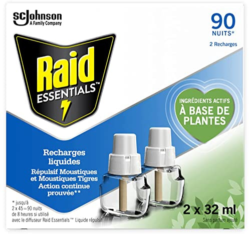 RAID ESSENTIALS RECHARGES POUR DIFFUSEURS ÉLECTRIQUES LIQUIDES RÉPULSIFS MOUSTIQUES, 90 NUITS, 2 X 32 ml