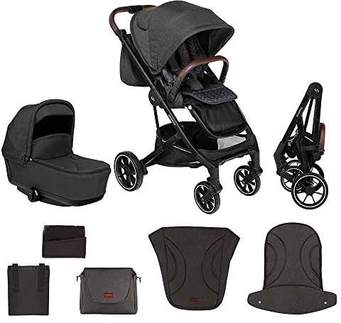 skiddoü Kinderwagen 2in1 Moss, Babywanne, multifunktional Buggy, verstellbare Konstruktion, regulierbar, stoßgedämpfte Räder, Moskitonetz, Fußschutz, Regenschutzfolie, Tasche, schwarz, 3 beutel