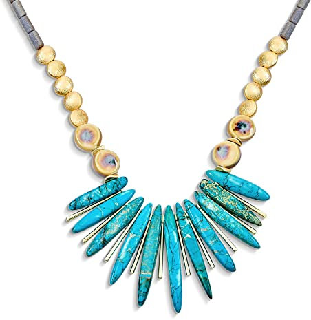 Tribal Compress Blau Türkis Spike Edelstein unregelmäßige Perlen Stein Fan Aussage Kragen Choker Bib Halsketten Western Schmuck für Frauen Teens Gold plattiert Perle & Verschluss einstellbar
