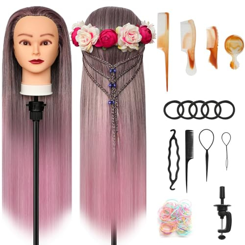 Cabeza Peluqueria, 66cm Cabeza maniquí Cabezal de peluquería de Fibra 100% sintética con Soporte + Accesorios de Peinado DIY (Polvo degradado)