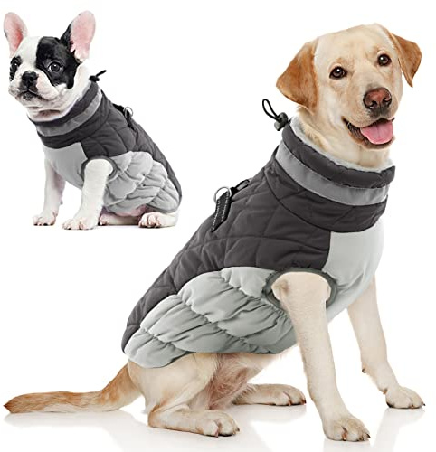 AOFITEE Wintermantel für große Hunde, Wasserdicht Hundemantel Hundejacke Mittelgroße Hund mit Geschirr, Winddichter Winter Hunde Jacket mit Reißverschluss, Warme Outdoor Hundebekleidung, L Grau