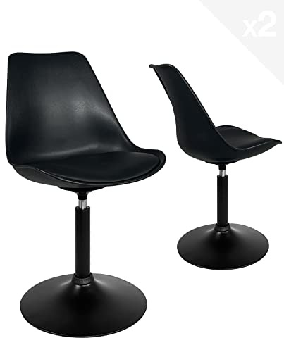 KAYELLES Chaise pivotante rotative Design rétro Vintage, siège Plastique Souple, Coussin Simili Cuir intégré, Base métal avec Silicone Anti dérapant NOSA – Lot de 2 (Noir)